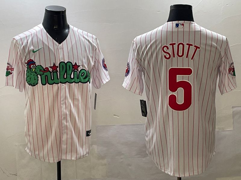 Men Philadelphia Phillies 5 Stott White Stripe Three generations Joint Name Game 2025 Nike MLB Jersey style 1